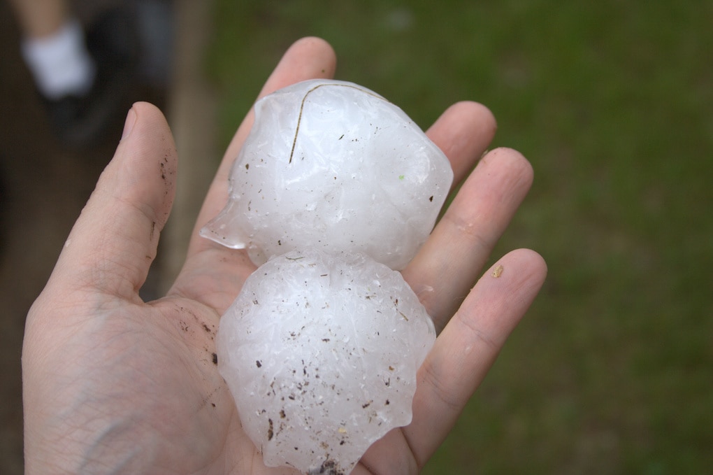 hand holding large pieces of hail that cause hail damage