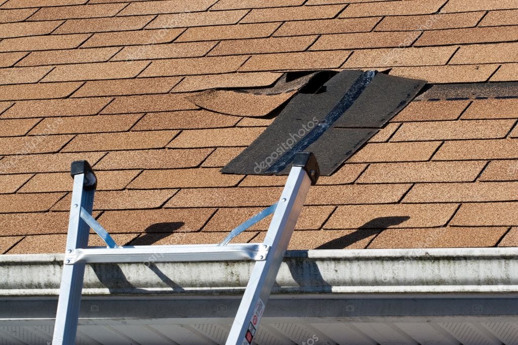shingle roof with missing shingles in need of repair
