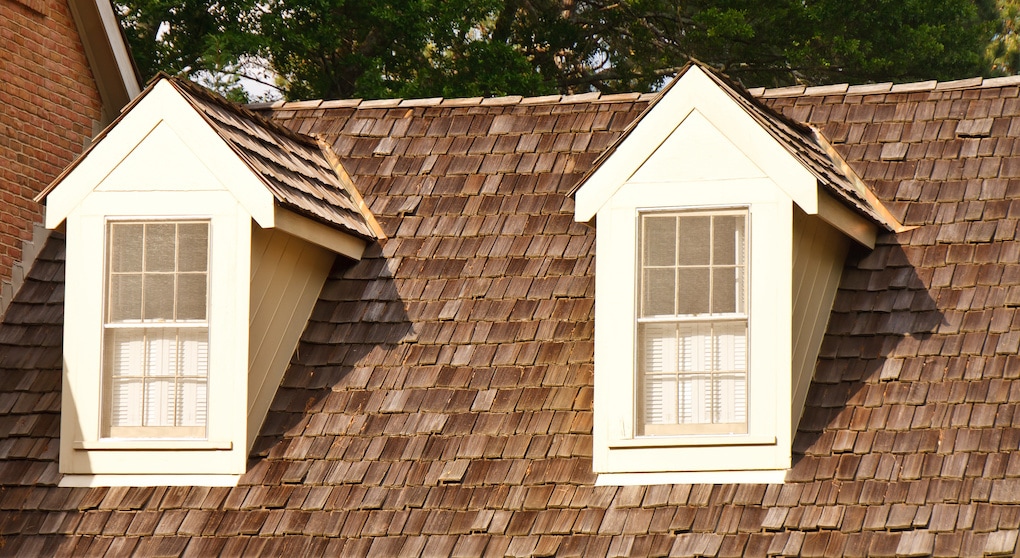 wood cedar shake roof with dormer windows