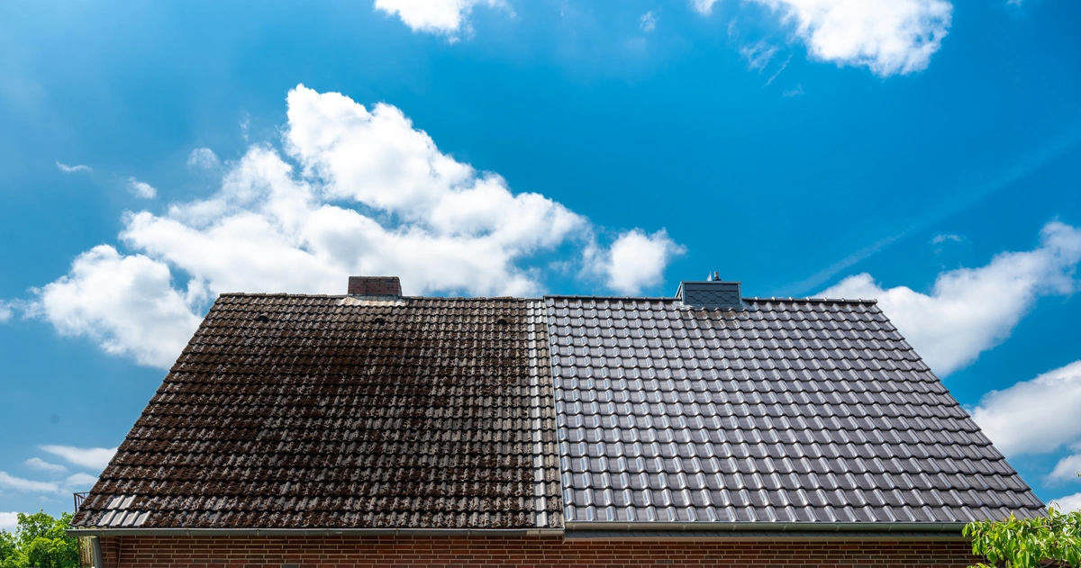 one roof with half of it cleaned and the other half dirty